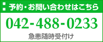 ご予約はこちら　042-488-0233　朝10時から夜7時/水日祝日除く